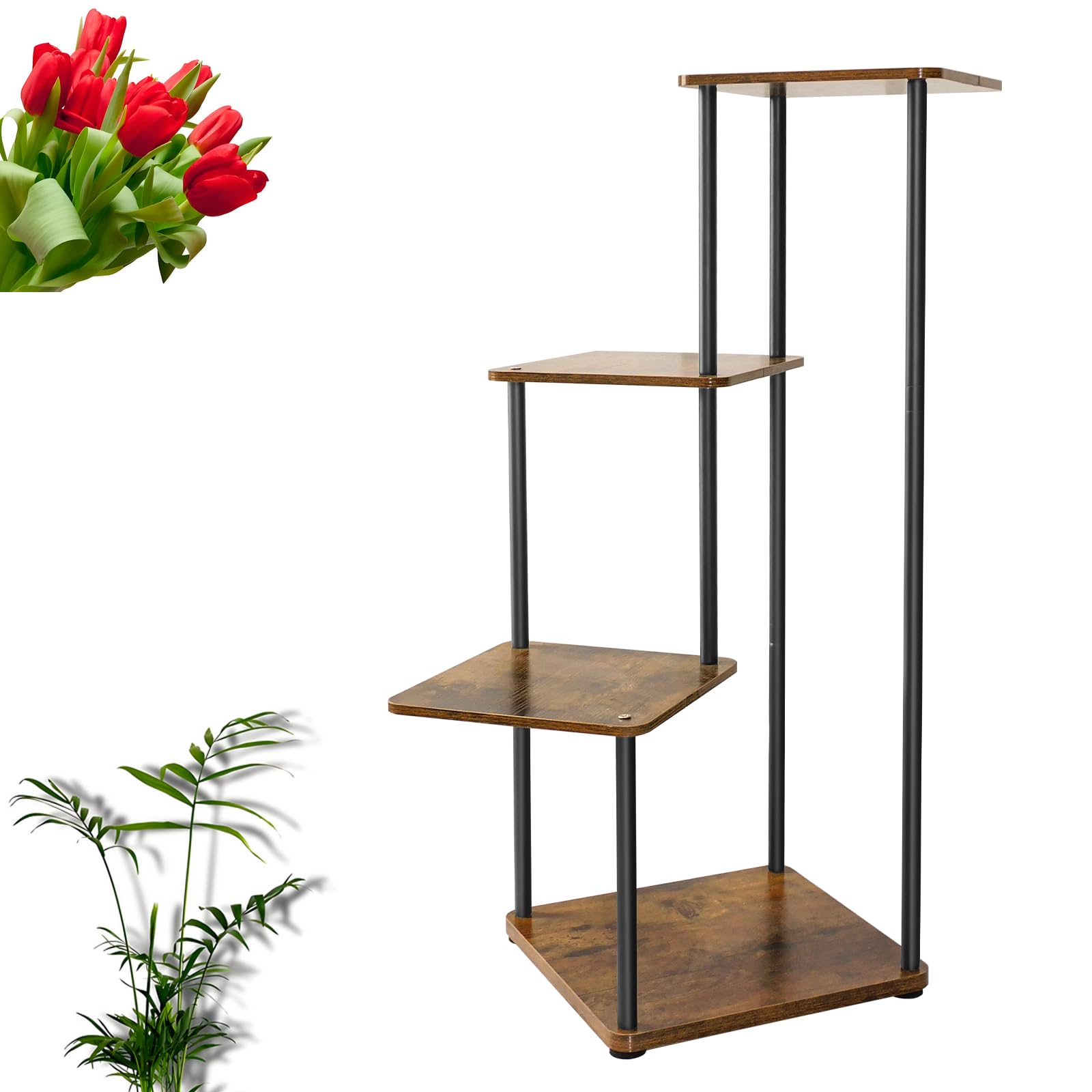 80cm Tall 4-Tier Plant Stand - Flower Pot Stand Planter Holder & Wood Plant Shelf for Multiple Pots, Easy Assembly Indoor/Outdoor Multiple Planters Display Shelving Unit (Black Frame+Brown Wood)