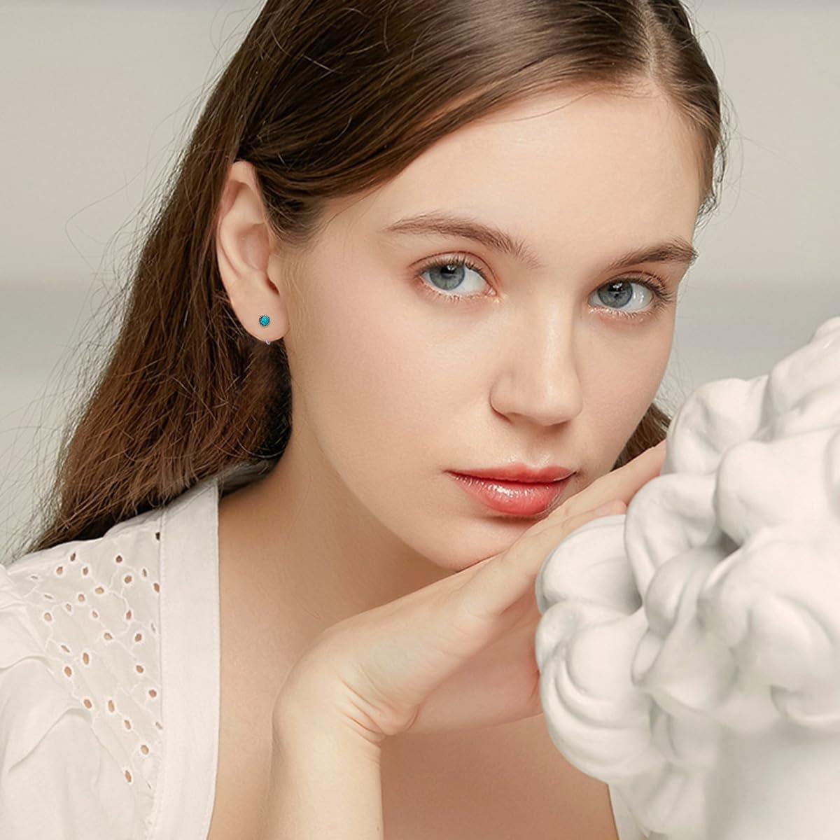 Turquoise Half Hoops Earrings 925 Sterling Silver Natural Round Turquoise Small Huggie Hoop Earrings Tiny Hoop Stud Earrings Jewelry Gifts for Women - Image 6