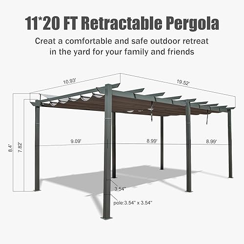 Miniatura 7 de Domi Outdoor Living Pérgola para exteriores de 11 x 20 pies con toldo retráctil, refugio de aluminio, enrejado de uva para patio, patio trasero y