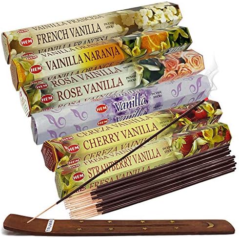 Hem Incense Sticks Variety Pack #18 and Incense Stick Holder Bundle with 6 Vanilla Fragrances