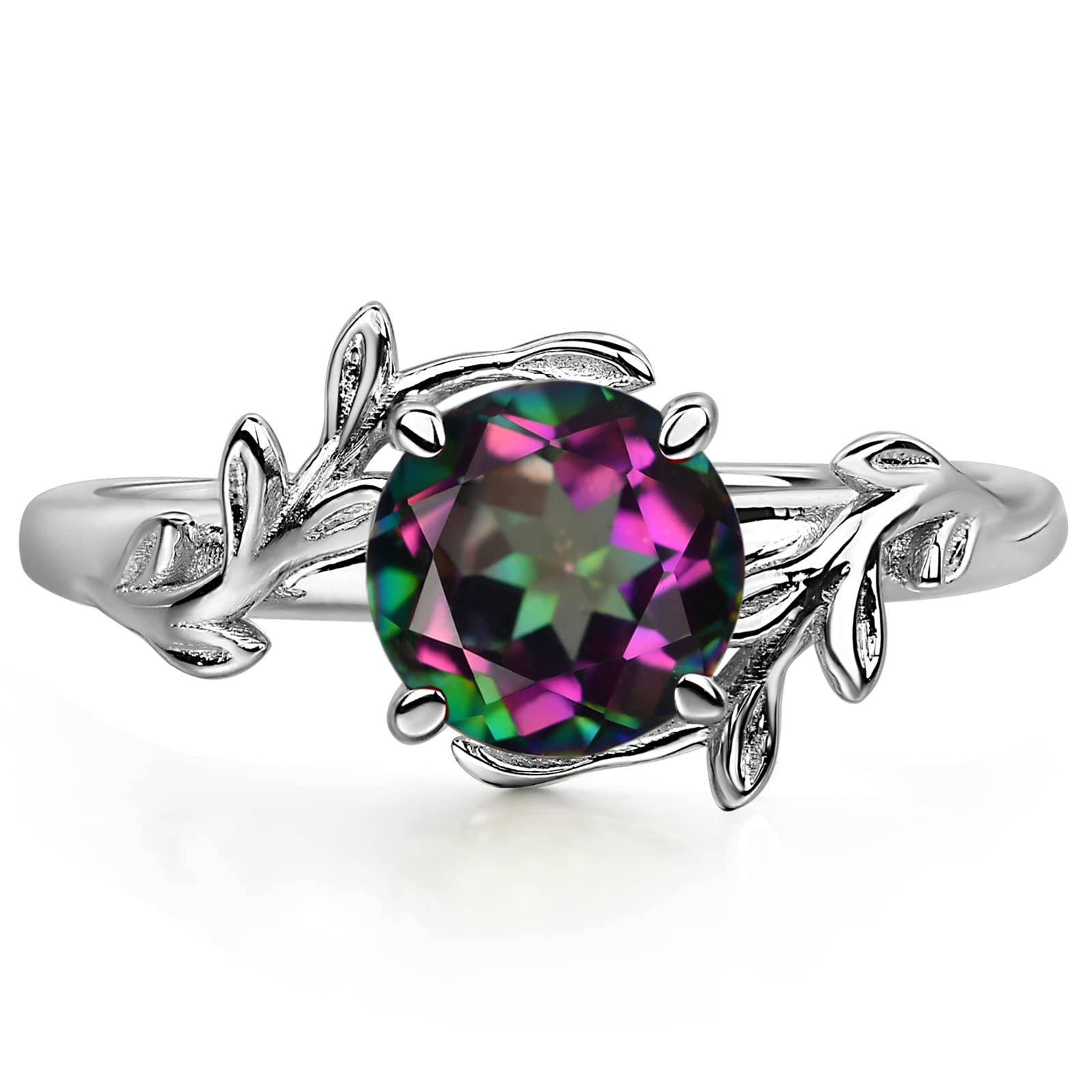 LUORound Shaped 7 MM Gemstone Branch Statement Ring 925 Sterling Silver Birthstone Ring for Women