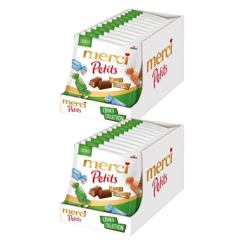 merci Petits Crunch Collection – 2 x 12 x 125g (24 x 125g) – Pralinen-Mix aus nicht gefüllten und gefüllten Schokoladen-Spezialitäten – Schokopralinen einzeln verpackt