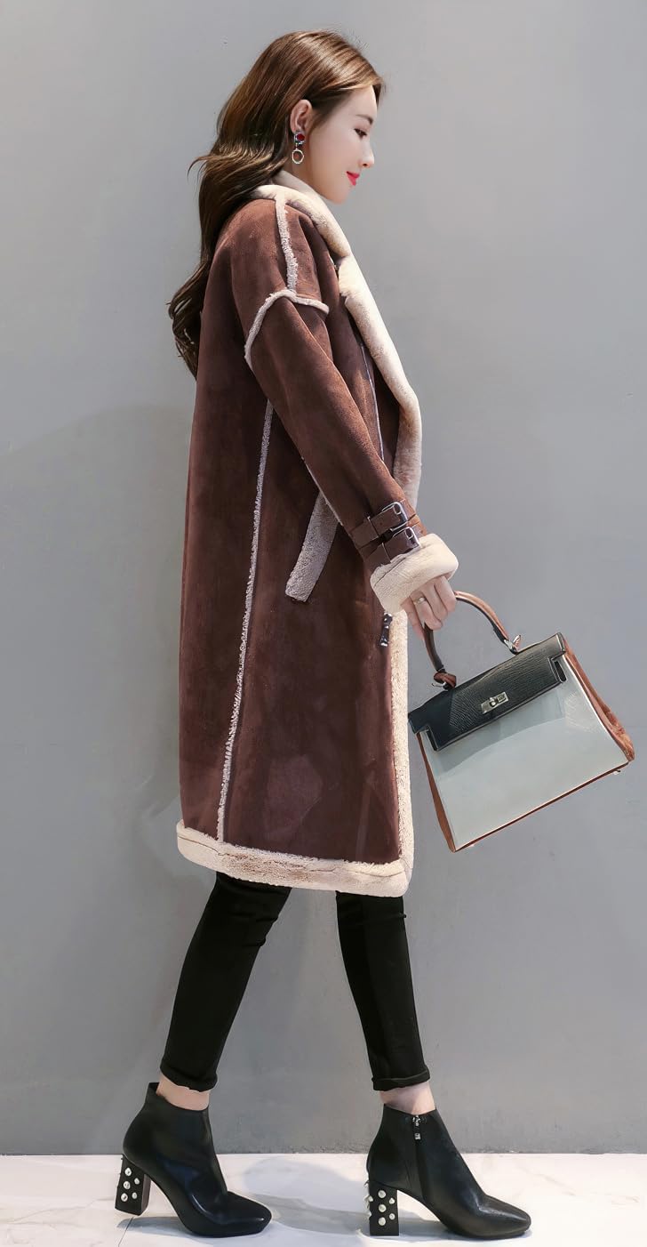 Women’s Brown Genuine Suede Sherpa Shearling Faux Fur Lined Double Breasted Warm Thick Long Winter Fashion Leather Coat
