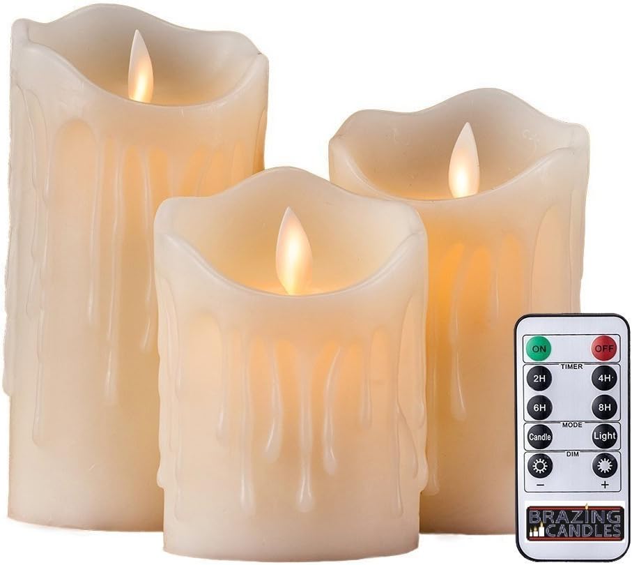 BRAZING CANDLES 3 pc Pillar Flameless LED Candles, Ivory, with Remote, Dripping Wax Look