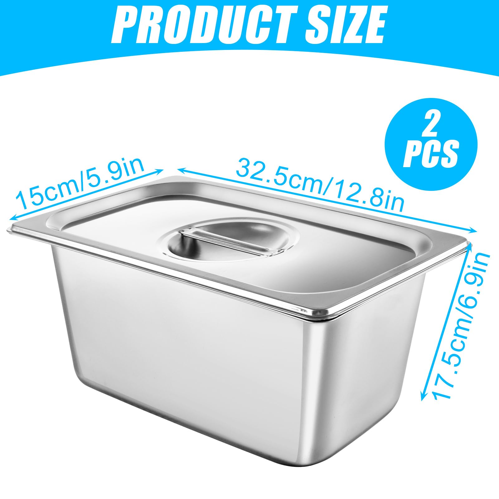 YAYODS Gastronorm - 2 recipientes de acero inoxidable con tapas, recipientes profundos para alimentos, color plateado, 325 x 175 x 150 mm, 2 unidades
