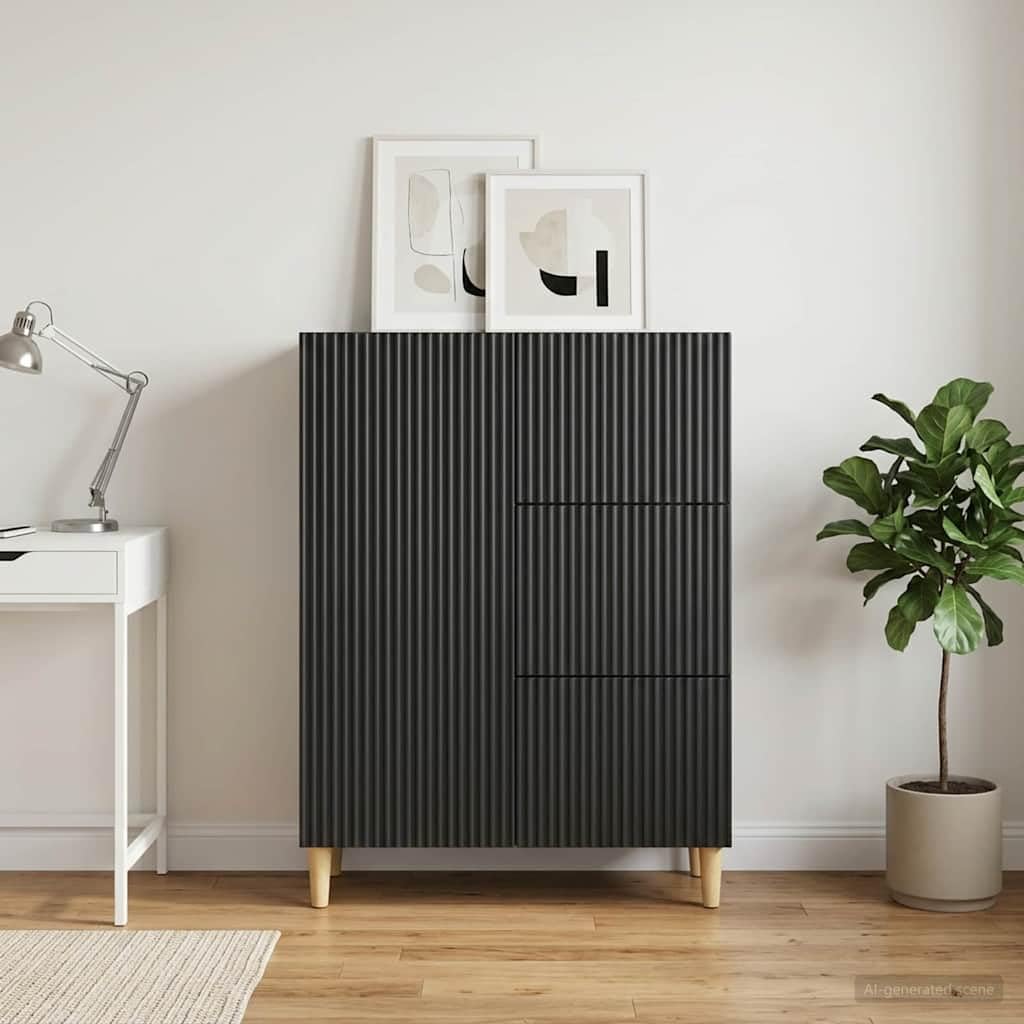Credenza nera, 66 x 34,5 x 90 cm, in legno, con 3 cassetti e porta basculante a 90°, per soggiorno, sala da pranzo, corridoio, ufficio