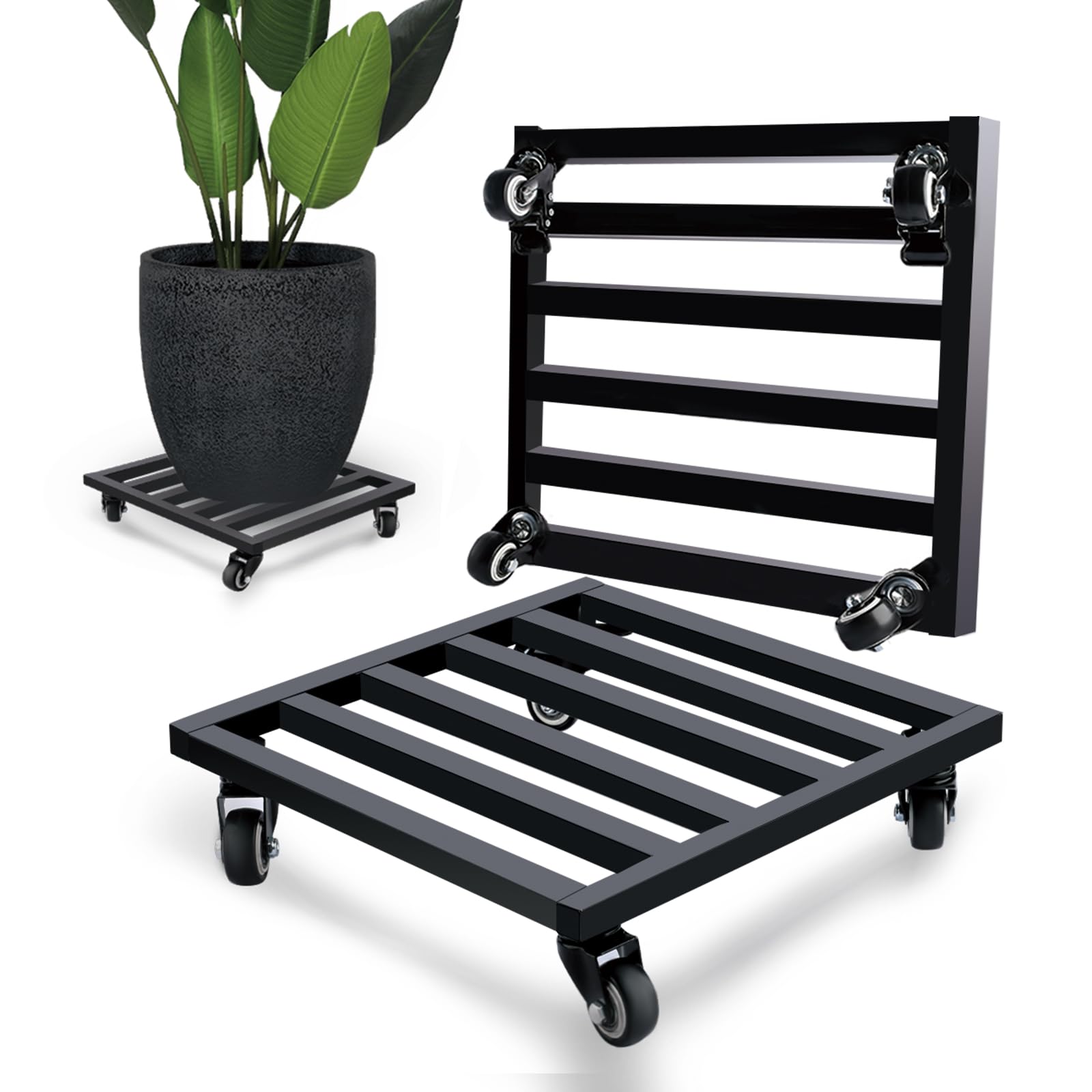 Lot de 2 supports carrés en métal avec roulettes verrouillables, base robuste ou grands pots de fleurs pour intérieur et extérieur 40 cm