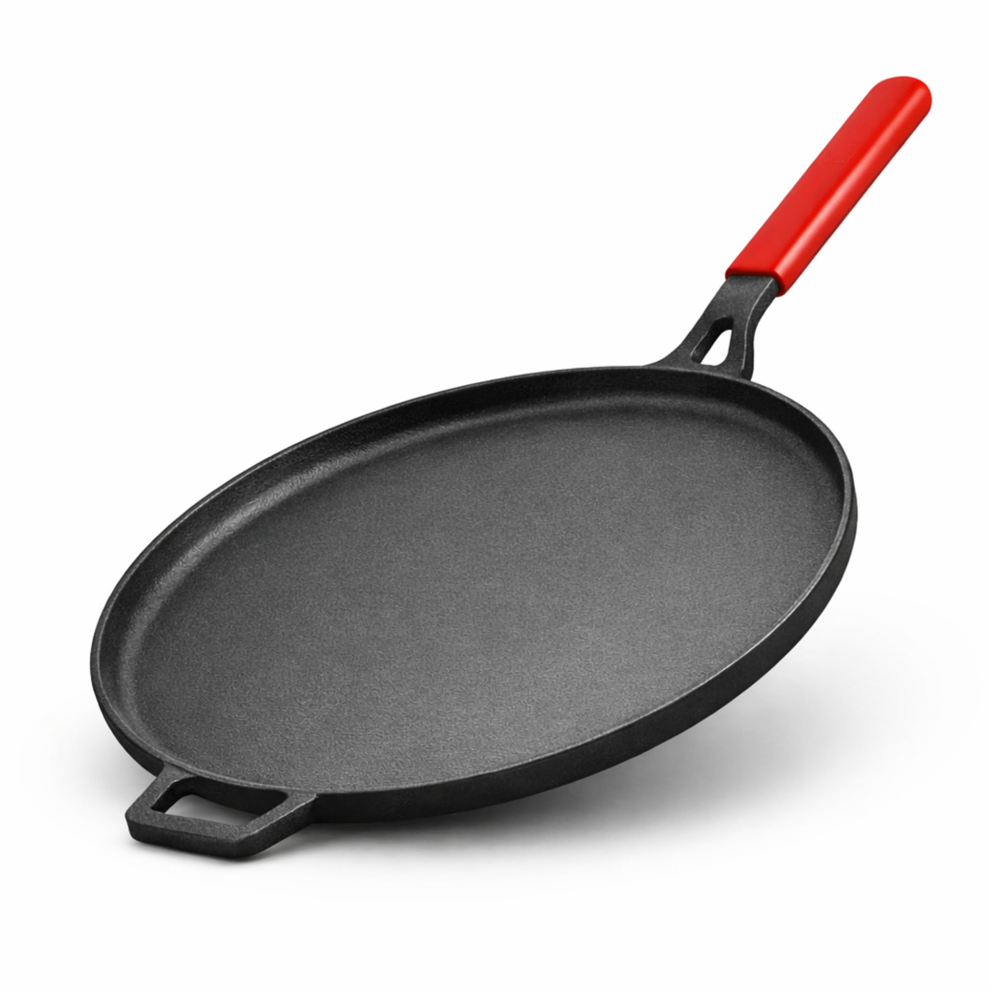 Cast Iron Dosa Tawa with Long Handle & Silicone Grip | Pre-Seasoned Flat Tawa for Roti, Chapati, Uttapam | Heavy Duty Non-Stick Cookware | Gas & Induction Compatible (28 cm)