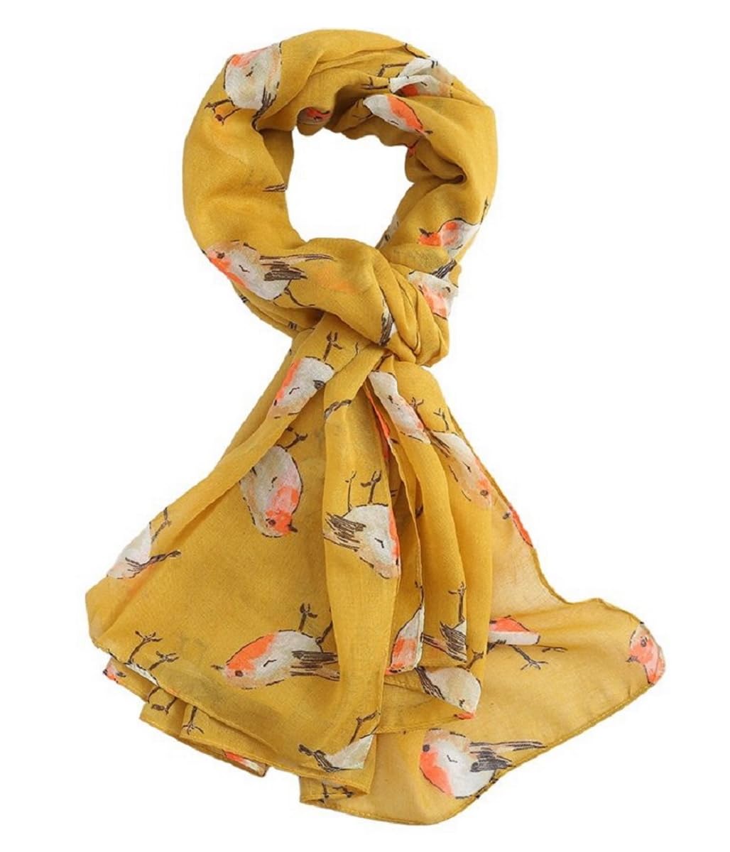 LilyRosa Women's Grey Robin Scarf, White Blue Red Robins Bird Festive Christmas Scarves Shawl Wrap (Mustard)
