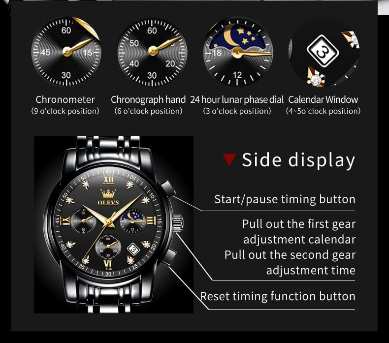 Side display diagram showing start/pause timing button, pull out first gear adjustment calendar, pull out second gear adjustment time, and reset timing function button