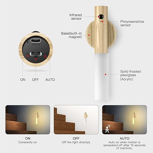Miniatura 2 de Miebul Luz nocturna con sensor de movimiento, 2 unidades, luces de antorcha montadas en la pared para interiores, lámpara nocturna de carga USB,