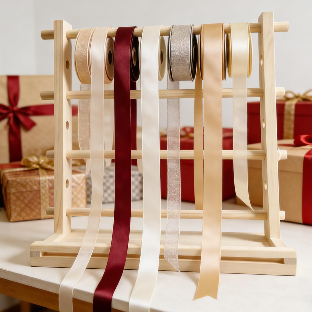 38 cm organizer do majsterkowania wyposażony w uchwyty na wstążkę i szpule, zdolny do przechowywania rolek tiulowych, taśm, nici do szydełkowania i materiałów z siatki wieńca