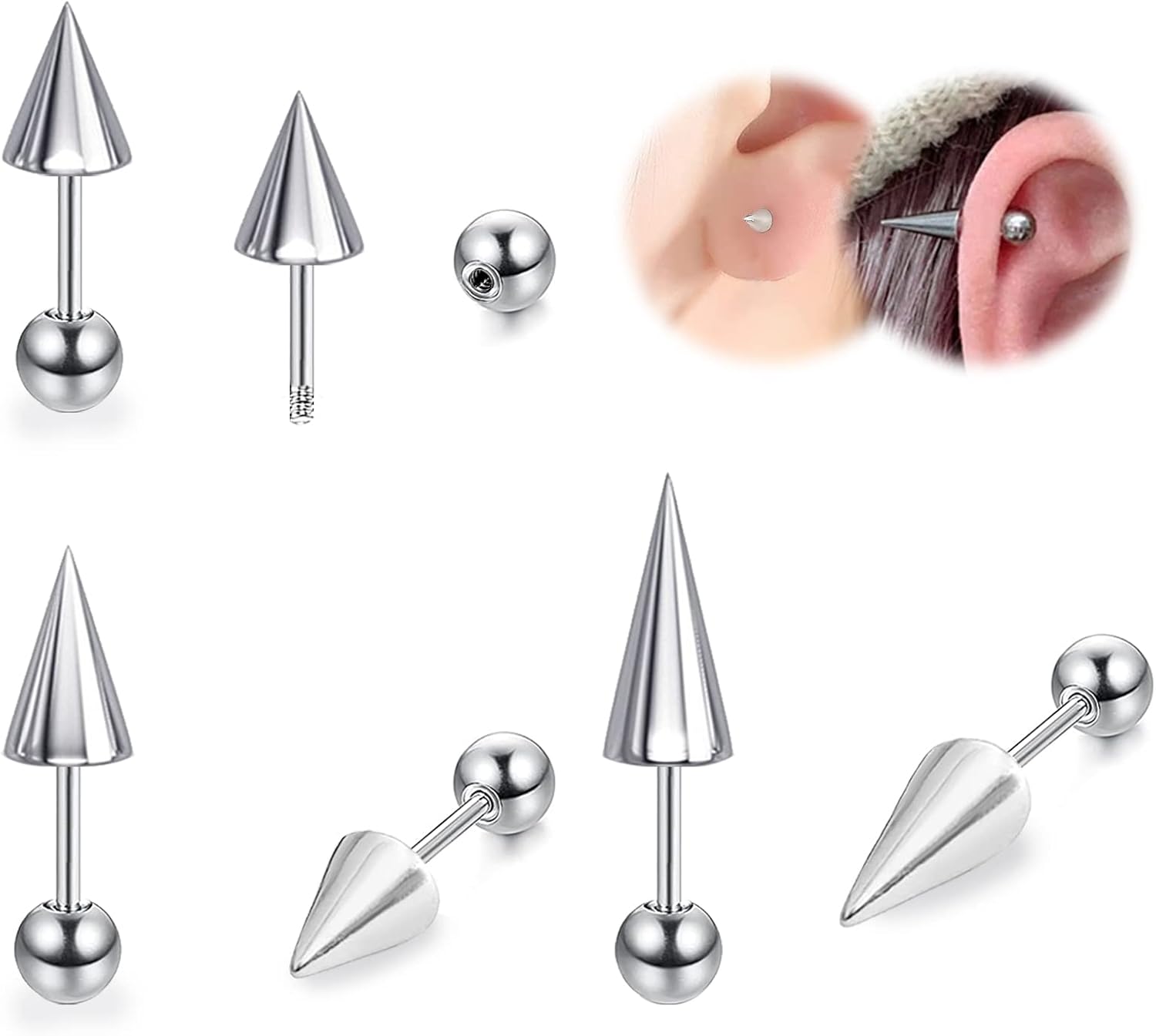 BodyAce 18G Spike Cartilage Earrings, Stainless Steel Spike Stud Earrings for Men Women, Daith Helix Tragus Earrings Black Ear Piercing Jewelry