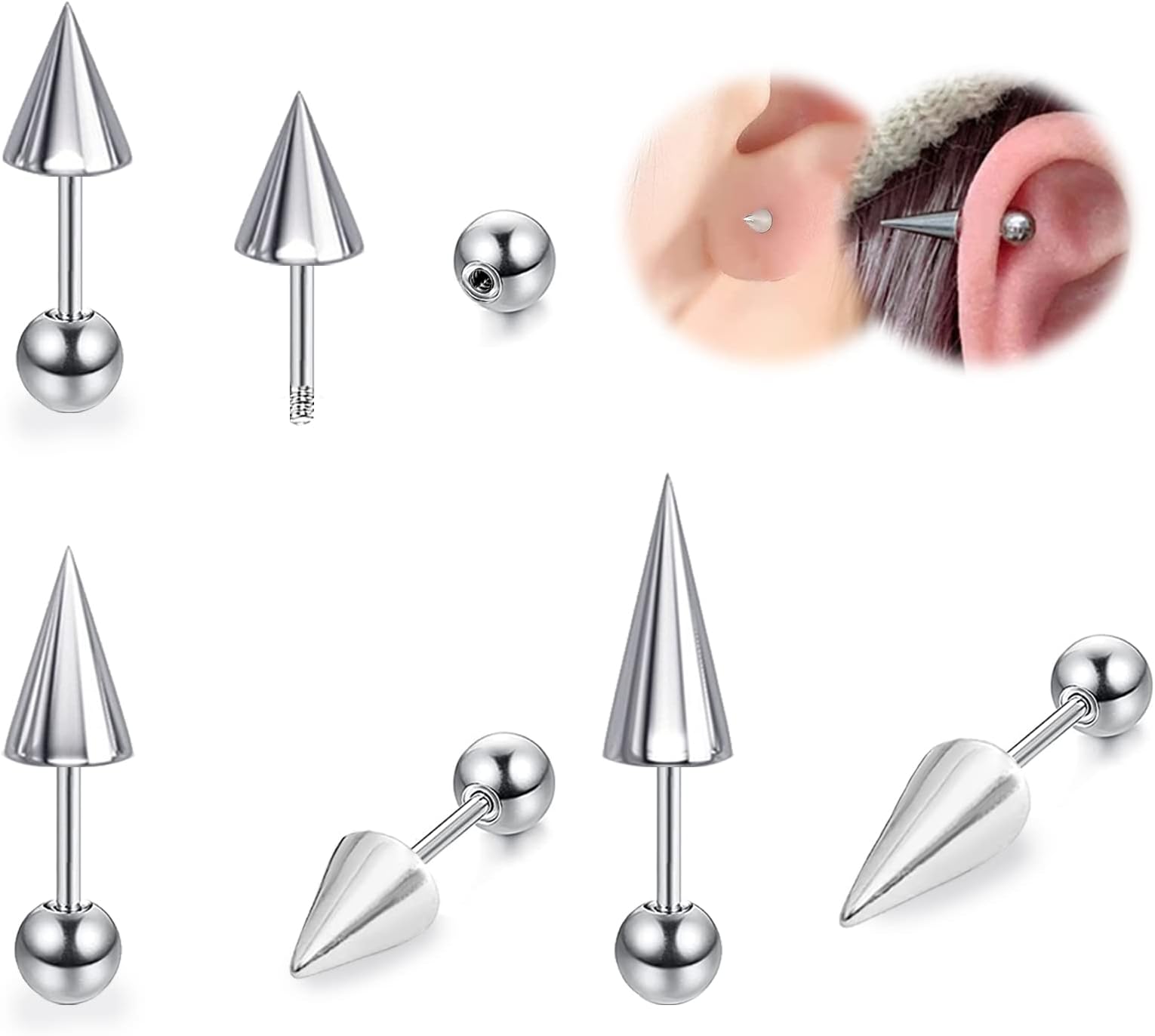 18G Spike Cartilage Earrings, Stainless Steel Spike Stud Earrings for Men Women, Daith Helix Tragus Earrings Black Ear Piercing Jewelry