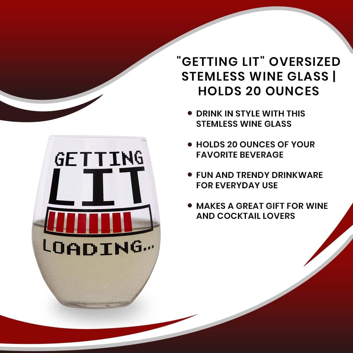 Toynk Getting Lit Oversized Stemless Wine Glass | Funny Novelty Drinkware For Home Bar, Meme Gifts | Large Cup For Tea, Margaritas, Cocktails, And Beverages | Holds 20 Ounces