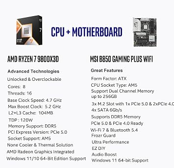 MICRO CENTER AMD Ryzen 7 9800X3D CPU Processor with MSI B850 Gaming Plus WiFi Motherboard (ATX, AM5, DDR5, PCIe 5.0, M.2 Gen5, Wi-Fi 7, 5G LAN)