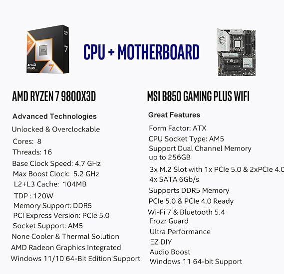 MICRO CENTER AMD Ryzen 7 9800X3D CPU Processor with MSI B850 Gaming Plus WiFi Motherboard (ATX, AM5, DDR5, PCIe 5.0, M.2 Gen5, Wi-Fi 7, 5G LAN)