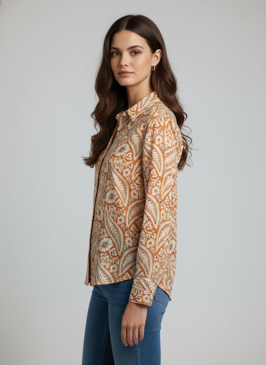 ANNI Designer Bedrucktes Damenhemd aus Baumwollmischgewebe, langärmelig, normale Passform, Hemdkragen, legere Bürokleidung, elegante Western-Kleidung für den Alltag, Hochzeit, Party