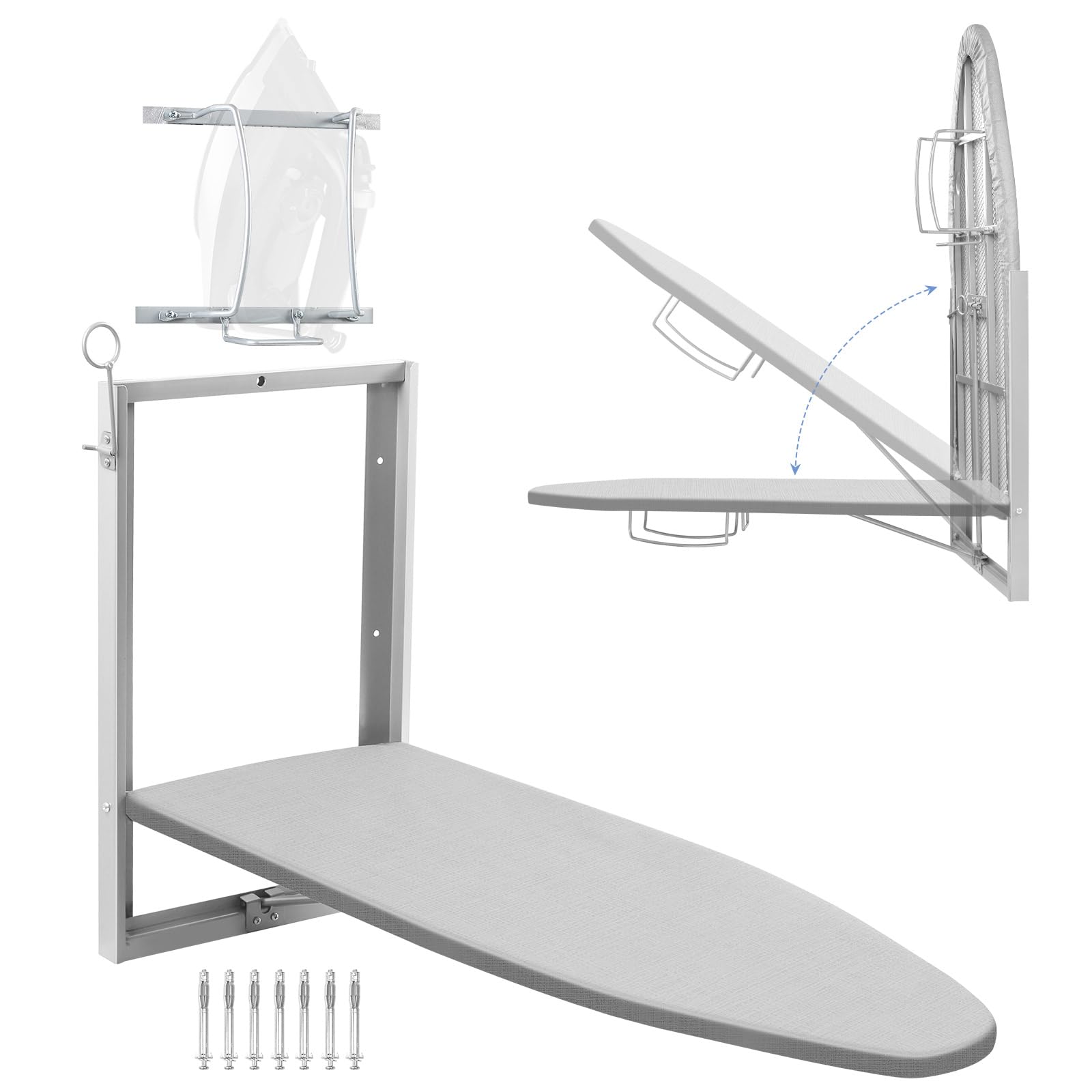 Planche à repasser pliable avec montage mural, rotative à 180°, peu encombrante avec organisateur de fer à repasser et housse résistante à la chaleur, planche à repasser murale pliable pour