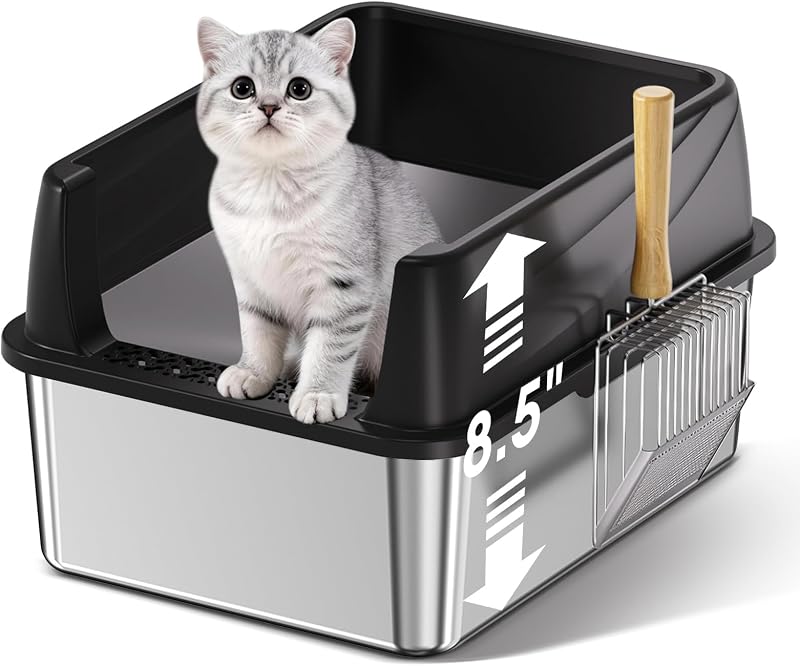 Caixa de Areia para Gatos Bsemax em Aço Inoxidável com Tampa, Bordas Altas e Pá — 44,2 x 34,3 x 21,6 cm