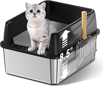 Stainless Steel Litter Box, 17.4 x 13.5 x 8.5 Metal Kitty Litter Box for Small Cats Kitten High Sided Litter Boxs with Scoop Open Top Low Entry Easy to Clean Non-Sticky Anti-Leakage