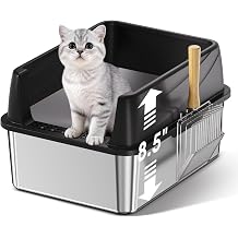 Stainless Steel Litter Box, 17.4'' x 13.5'' x 8.5'' Metal Kitty Litter Box for Small Cats Kitten High Sided Litter Boxs with Scoop Open Top Low Entry Easy to Clean Non-Sticky Anti-Leakage