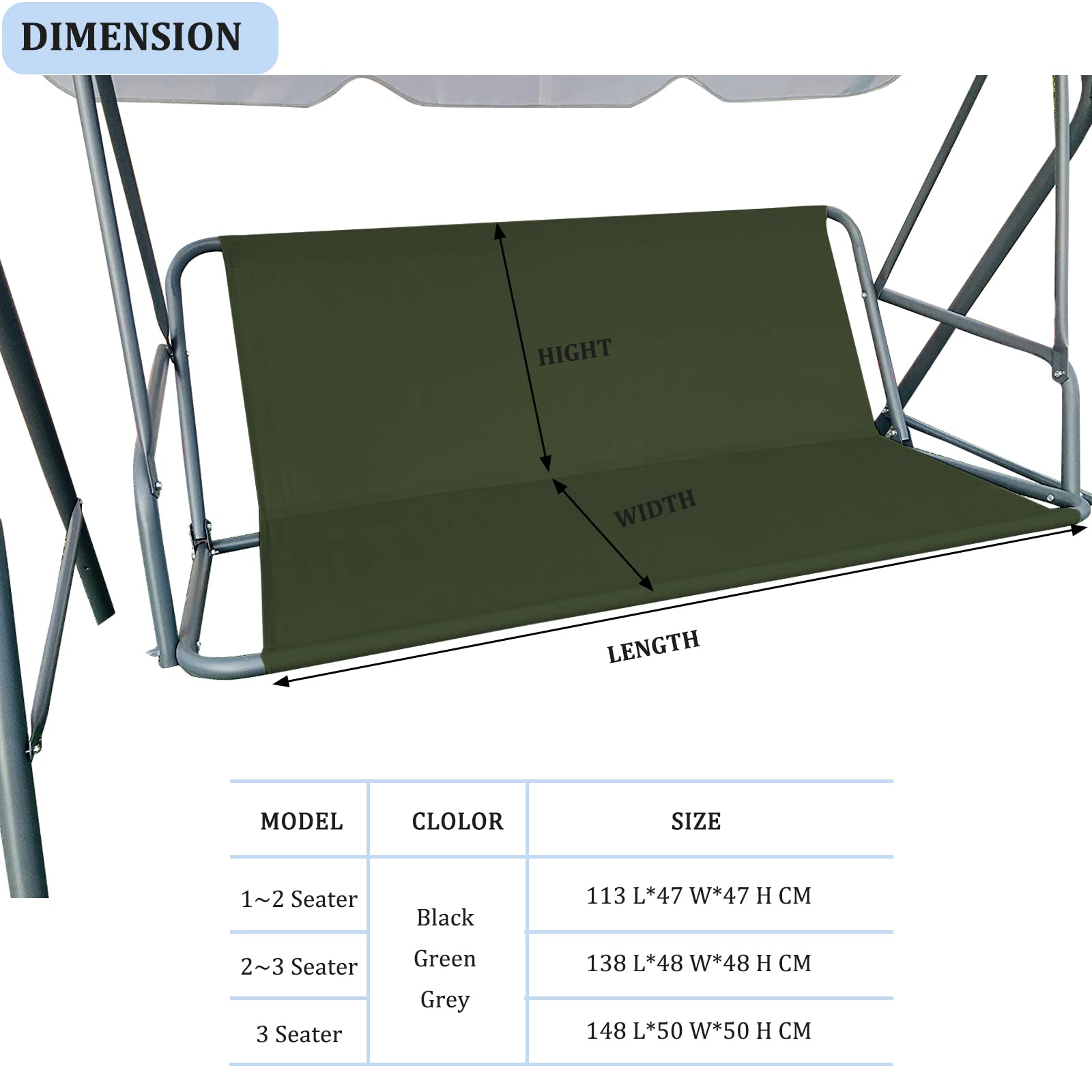 Funda para asiento de jardín con columpio de tela Oxford 600D, funda para silla de columpio de jardín, funda de asiento oscilante de repuesto para exteriores, 113x47x47 cm, color verde