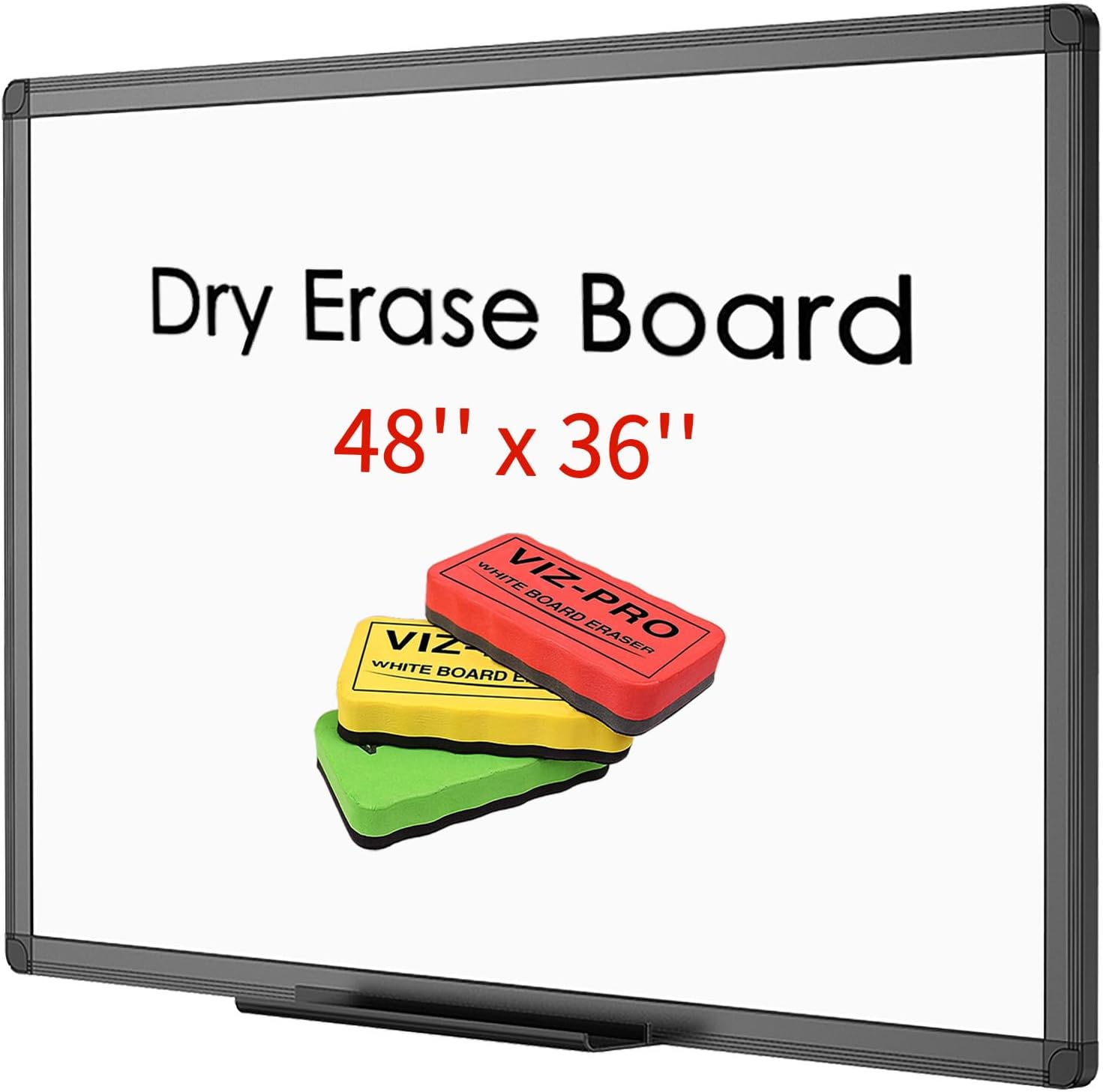 VIZ-PRO Magnetic Dry Erase White Board, 48 X 36 Inches, Black Aluminium Frame, with 3 Colored Erasers