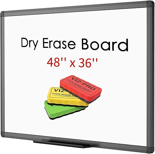 VIZ-PRO Pizarra blanca magnética de borrado en seco, 48 x 36 pulgadas, marco de aluminio negro, con 3 borradores de colores