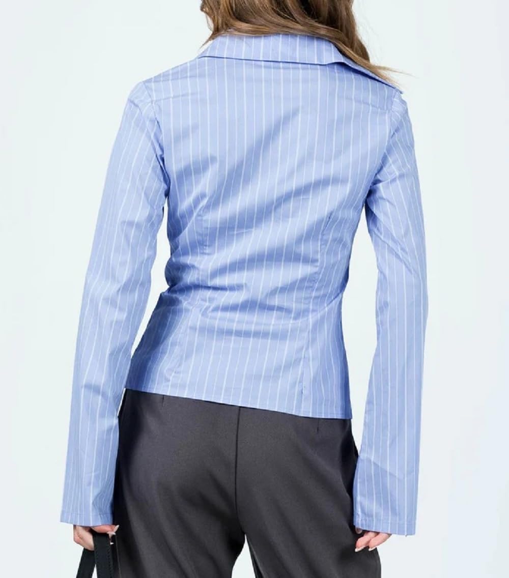 Trendy Fitted Button Down Shirts for Women Long Flare Sleeve Striped Cropped Shirt Business Top Autumn Blouse - Image 4