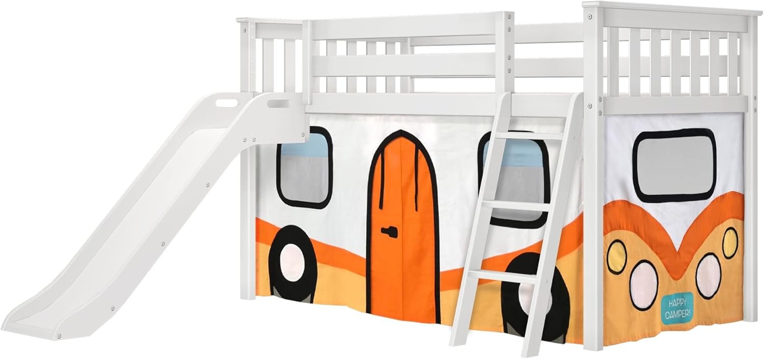 Max & Lily Low Loft with Slide & Orange Camper Van Curtain, White