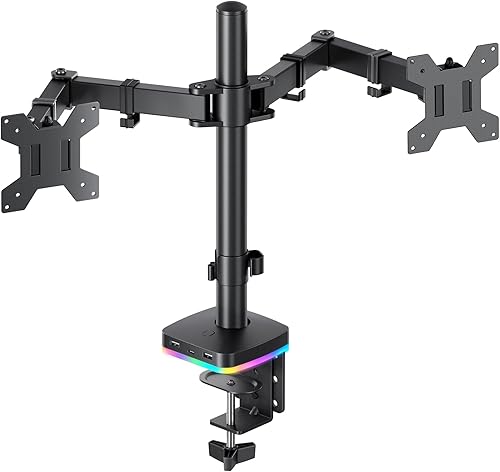Miniatura 11 de Soporte RGB para un solo monitor, brazo de monitor con 3 puertos USB, función de carga y transferencia de datos USB, soporte de escritorio ajustable