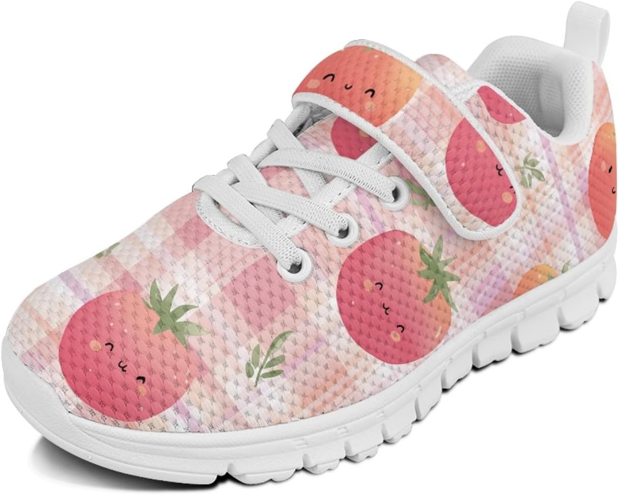 Strawberry Lightweight Girls Running Shoes with Hook and Loops Breathable Safe Walking Bowling Shoes Lace Up Soft Materials Sneakers for Kids Indoor Daily Casual Stitch Sneakers for Girls