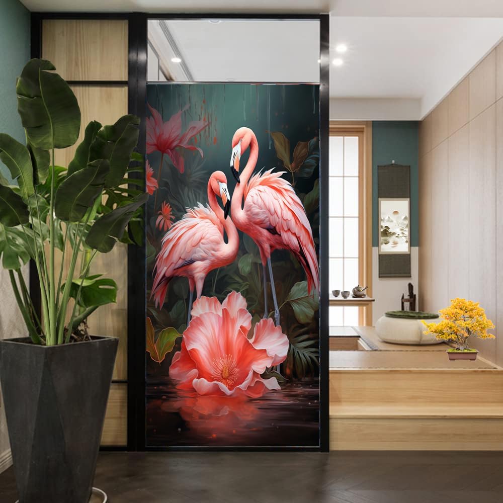 Vintage Flamingo Privacy Window Film Beautiful Nature Animals Abstract Flower Stained Glass Window Coverings Adhesive Sticker Frosted Window Film for Home Office Stores 35.4Wx63L inch