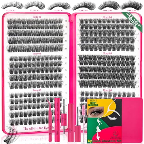 Foxy Beauty Lash Clusters Kit - 360Pcs Fluffy Eyelash Extension Kit 12-20mm D Curl Clusters Soft Comfortable With Bond Seal Remover Applicator