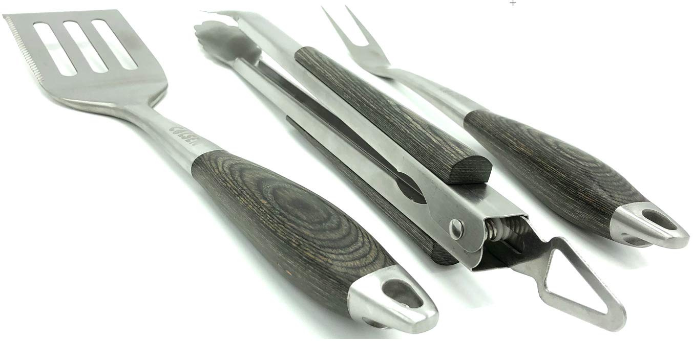 COLSEN Heavy Duty 3-Piece BBQ Grilling Tool Set, Stainless Steel Tongs, Spatula, & Fork, Kitchen Utensils Set, Camping Accessories, Grey