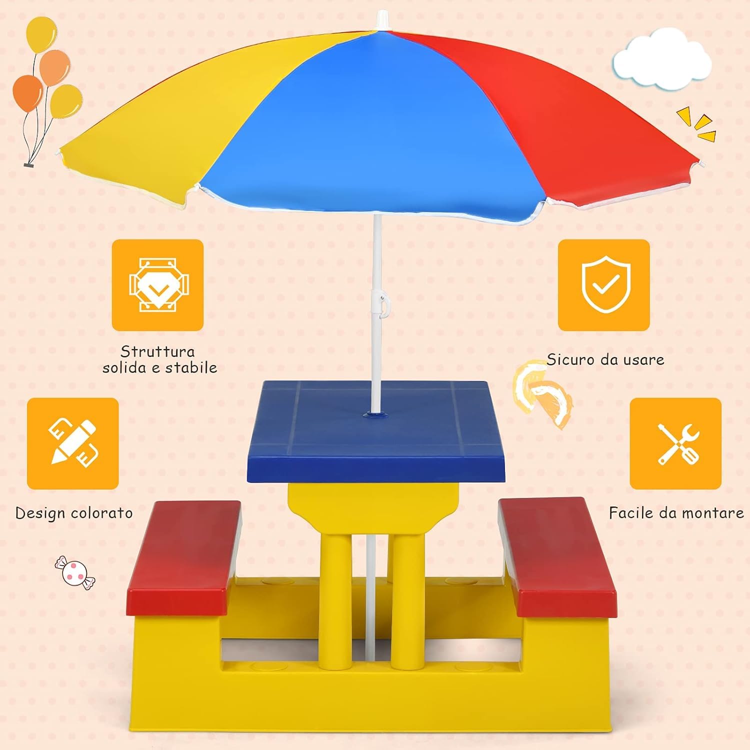 COSTWAY Tavolo da Picnic per Bambini con Parasole Pieghevole, Set di Tavolo e Panche per Festa e Picnic (Colore 1)