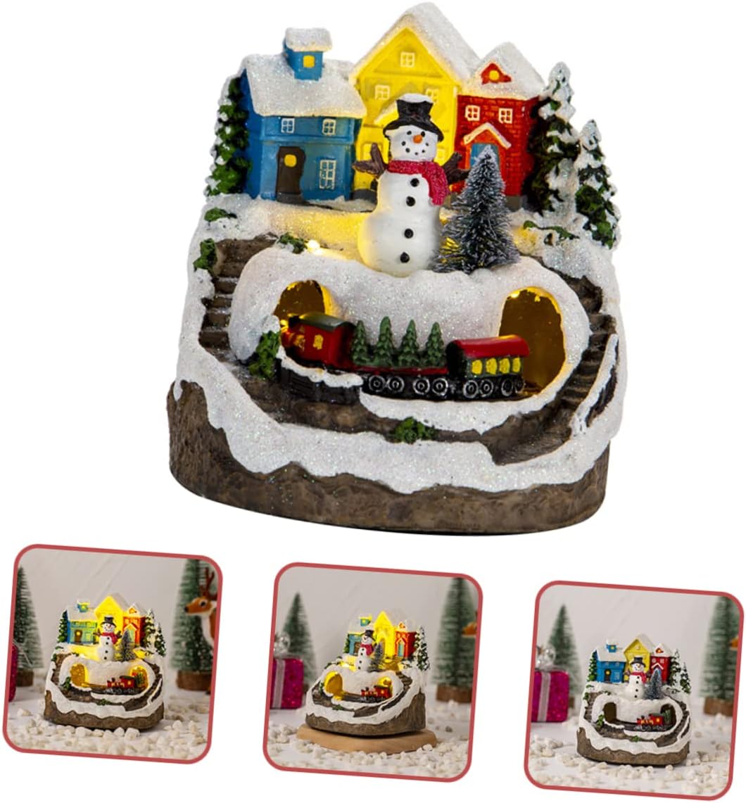 SOLUSTRE Lighted Miniature Christmas House Figurine with Snowman Design Christmas Desk Ornament for Holiday Home Decor Village House Display
