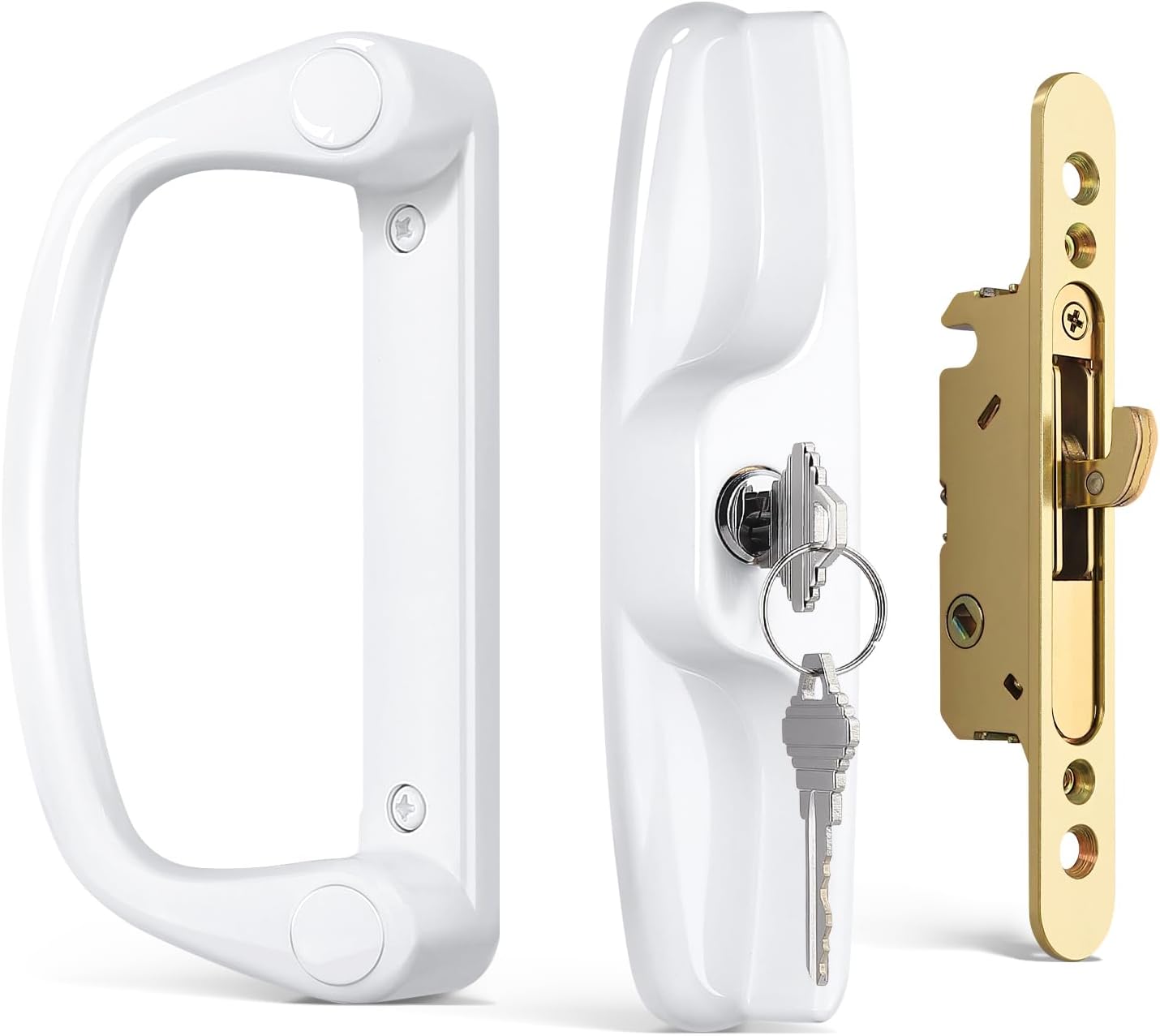 Probrico Patio Sliding Door Lock Set with Key and Mortise Lock, Sliding Glass Door Handles 45° Keyway, Reversible White Sliding Door Lock Set Fits 3-15/16" Hole Spacing, 1" to 2" Thick Doors