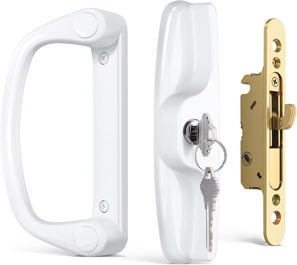 Probrico Patio Sliding Door Lock Set with Key and Mortise Lock, Sliding Glass Door Handles 45° Keyway, Reversible White Sliding Door Lock Set Fits 3-15/16" Hole Spacing, 1" to 2" Thick Doors
