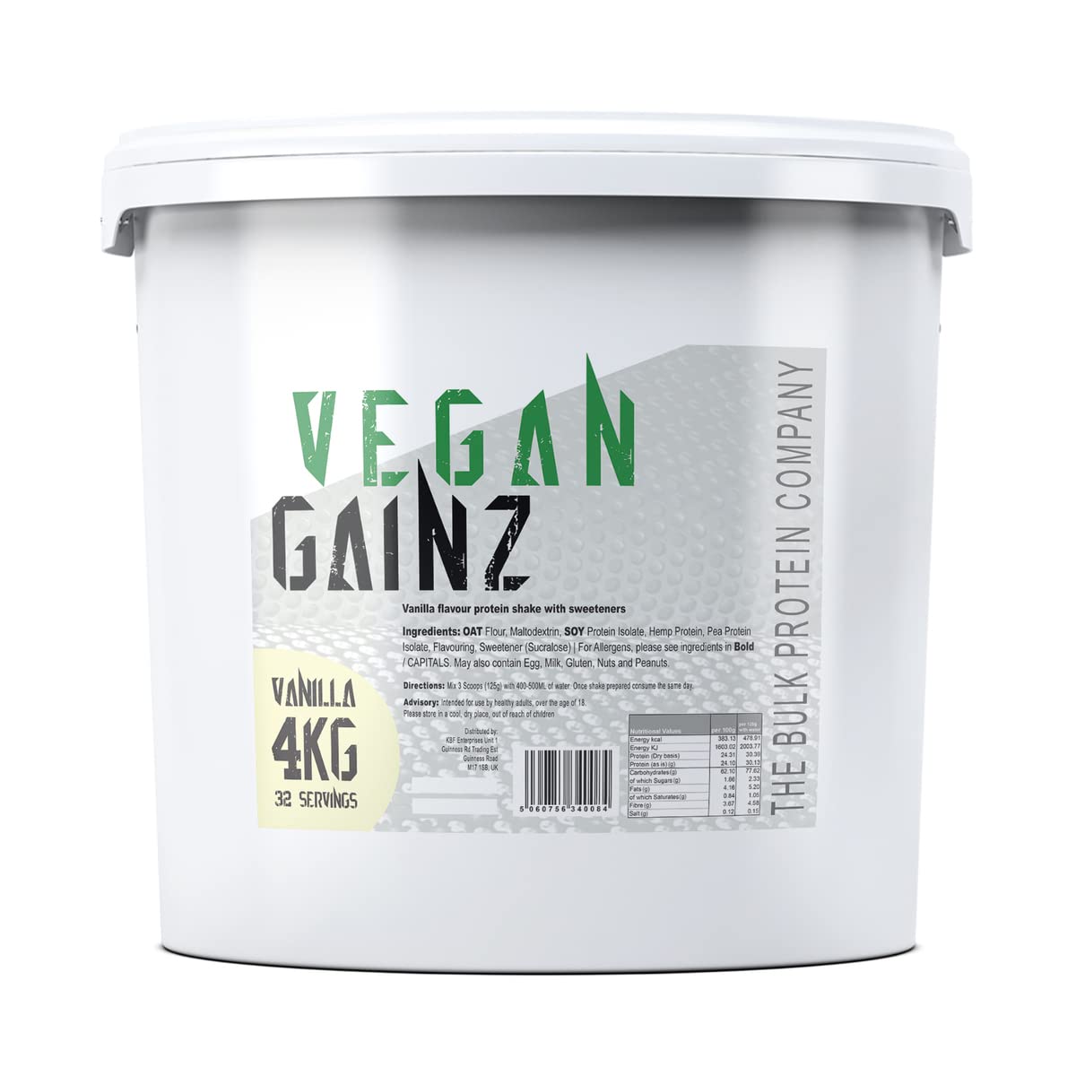 Vegan Gainz 4kg - Plant Based Protein Powder - Weight Gainer- 32 Servings & 30g Protein Per Serving - The Bulk Protein Company (Vanilla)