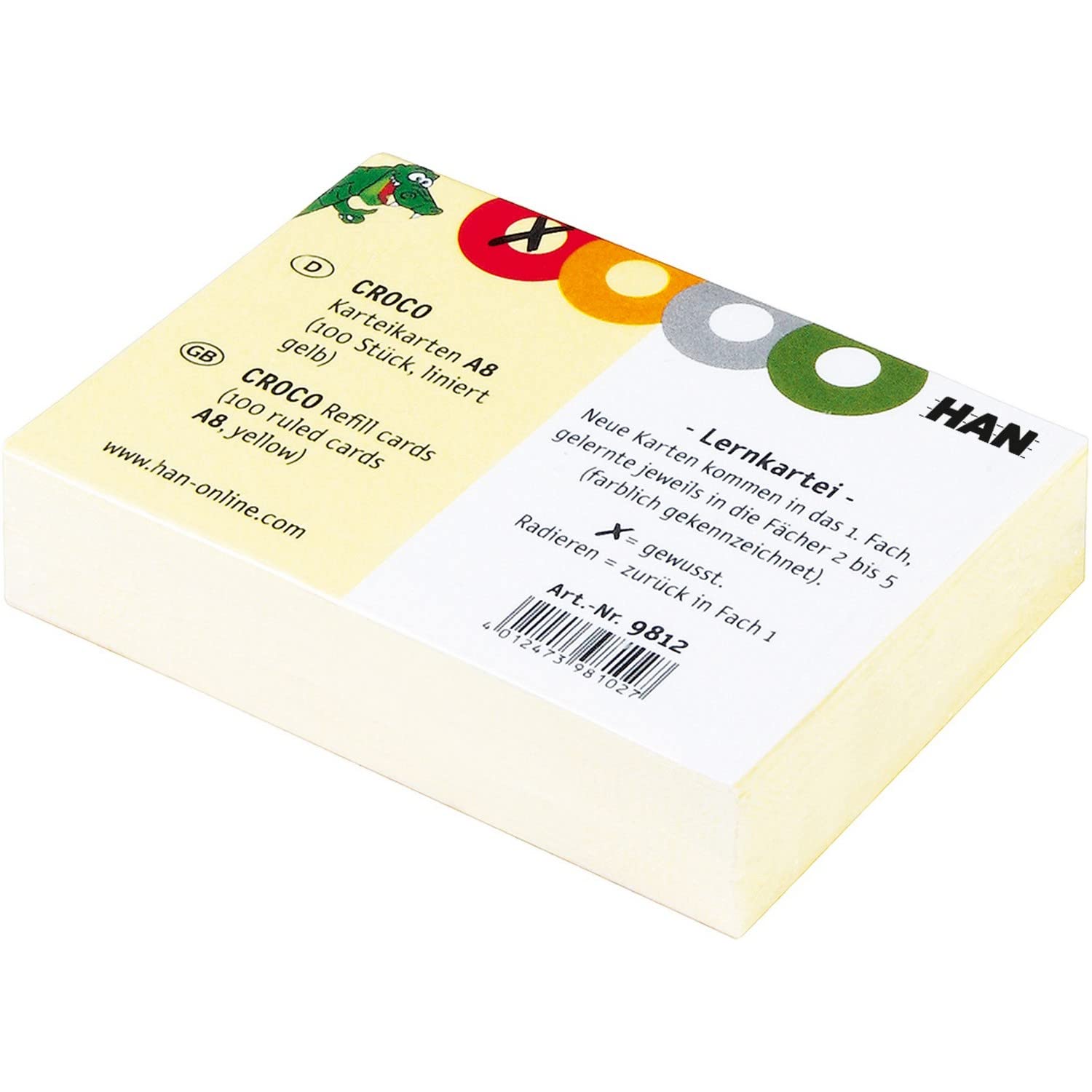 HAN Croco Index Cards – 1 Pack of 100, Index Cards A8 Landscape, Coloured Printed, Sturdy Yellow Cardboard with Four Colourful Circles for Ticking, Colour Yellow, 9812