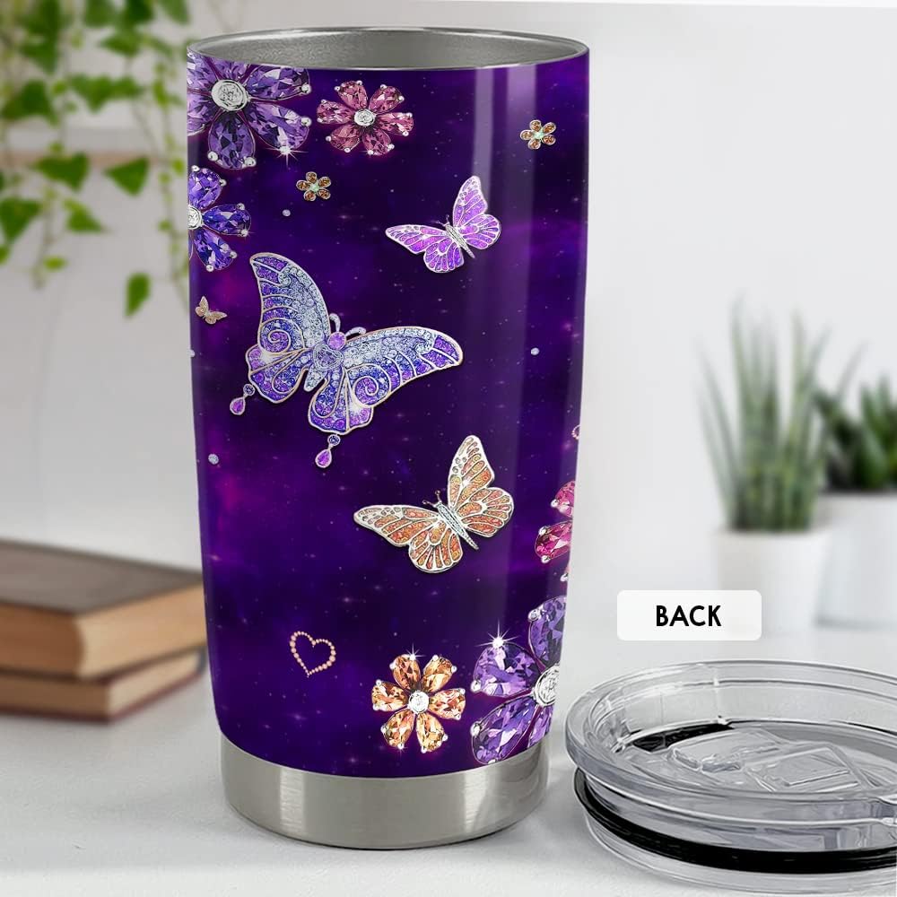 SANDJEST Purple Butterfly Tumbler Jewelry Style Butterfly Lover 20oz Tumblers with Lid Gift for Women Girl Daughter Sister Mom Christmas Birthday Present - Image 4