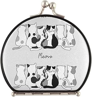Six Doodle Cartoon Cute Cats Sitting Black White Pattern Compact Makeup Mirror, Twin-Sided Cosmetic Mirror with 2 x 1x Magnification, Buckle Folding Mini Pocket Portable Hand Mirror