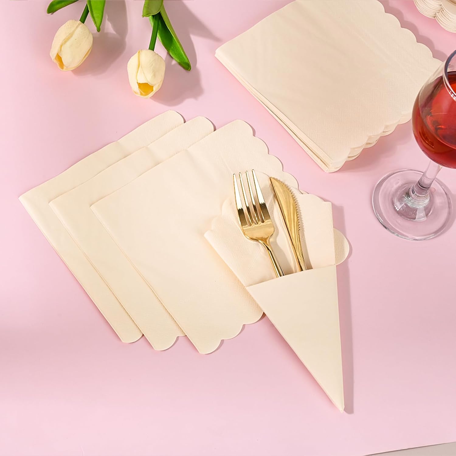 150Pcs Ivory Paper Plates and Napkins Party Supplies Beige Scalloped Party Plates Cream Disposable Plates Napkins for Wedding,Baby Shower, Birthday,Serves 50