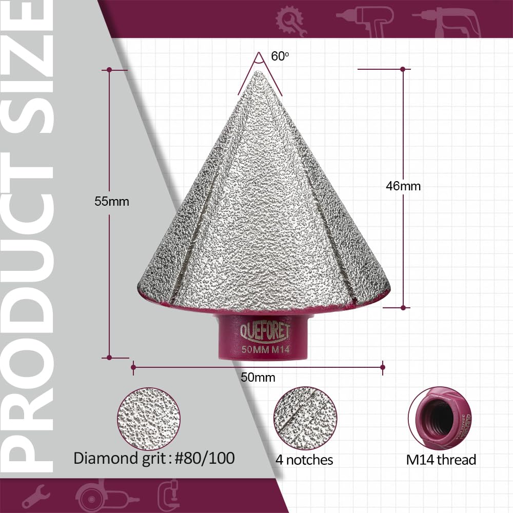 Mèches de Chanfrein Diamant 50mm x M14 - Fraise pour Meuler Arrondir Tailler les Trous dans le Carrelage Céramique Porcelaine Marbre Granit