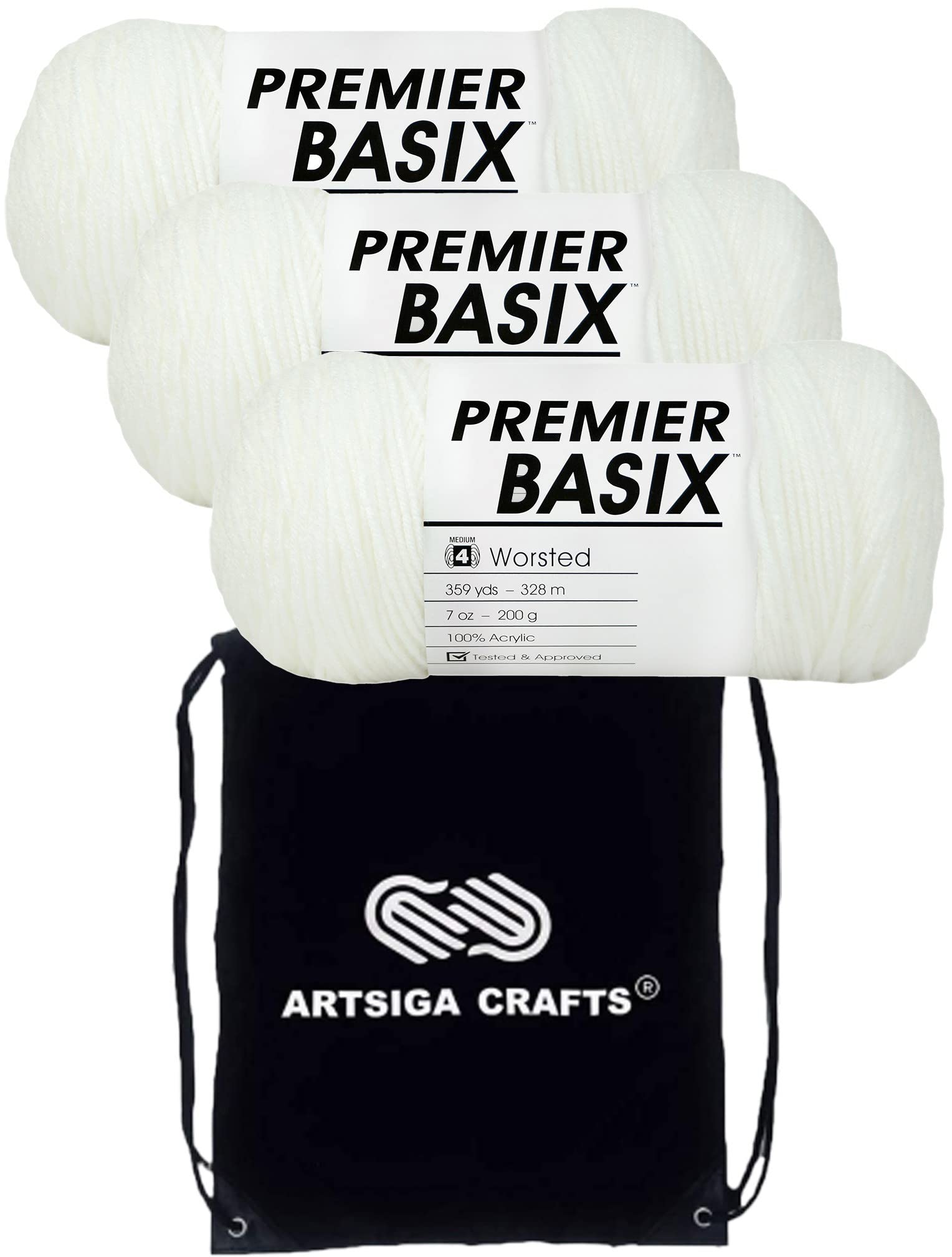 Fil à tricoter peigné Premier Basix anti-nœud blanc 3 écheveaux sac