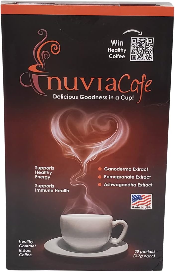 Nuvia Healthy Gourmet Instant Coffee, Dairy Free, Lactose Free, No GMOs, No Salt, Soy Free, Vegan, with Organic Ganoderma, Pomegranate and African Mango Extracts, 30 packets, 3.7g each, Pack of 1