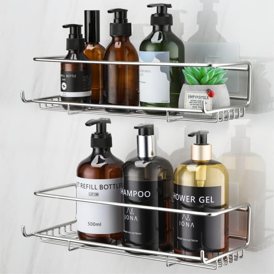 XCPPLV Shower Caddy Basket Adhesive SUS304 Stainless Steel Shower Organizer Wall Mounted Bathroom Shower Rack with Hooks Silver 2 Pack