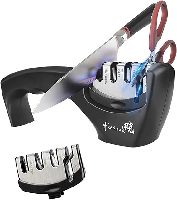 Knife Sharpener, New Upgraded Model 4 Stage Sharp Knife Sharpeners, Sharpens Scissors, Chef Kitchen Knives, Suitable for Chef and Home Use - Black Akatsuki